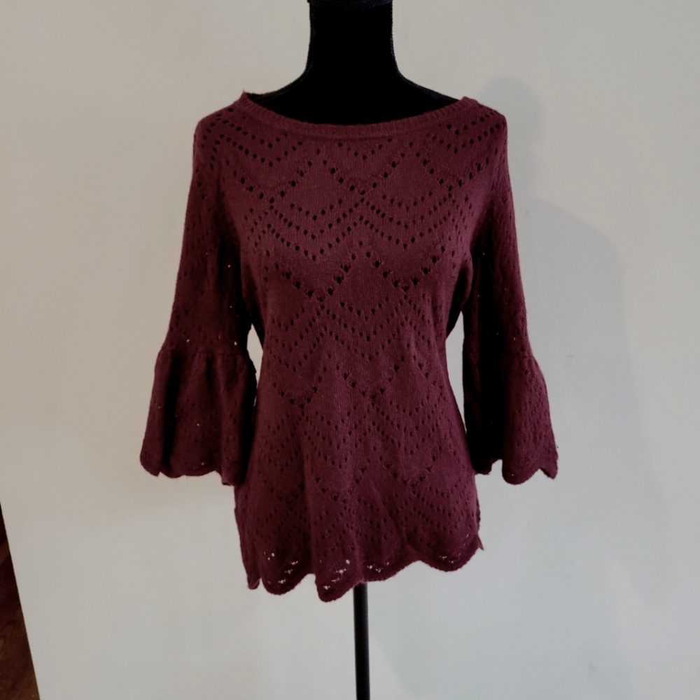 Kohl's Lauren Conrad Bell Sleeve Open Knit Sweater Wine Color L